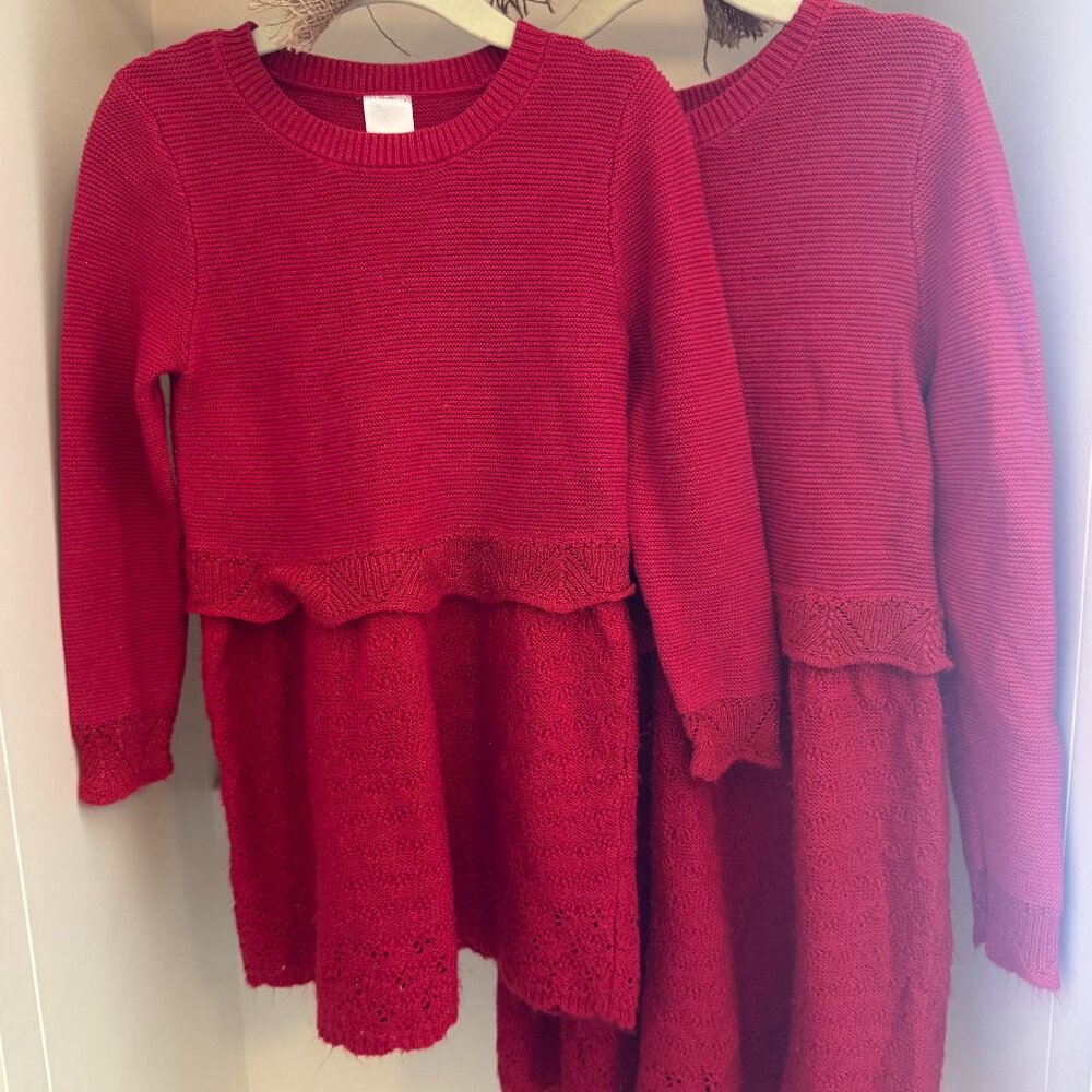 Cat & Jack *SISTER SET* Red Holiday Knit Sweater Dresses, sizes 2t + 5t